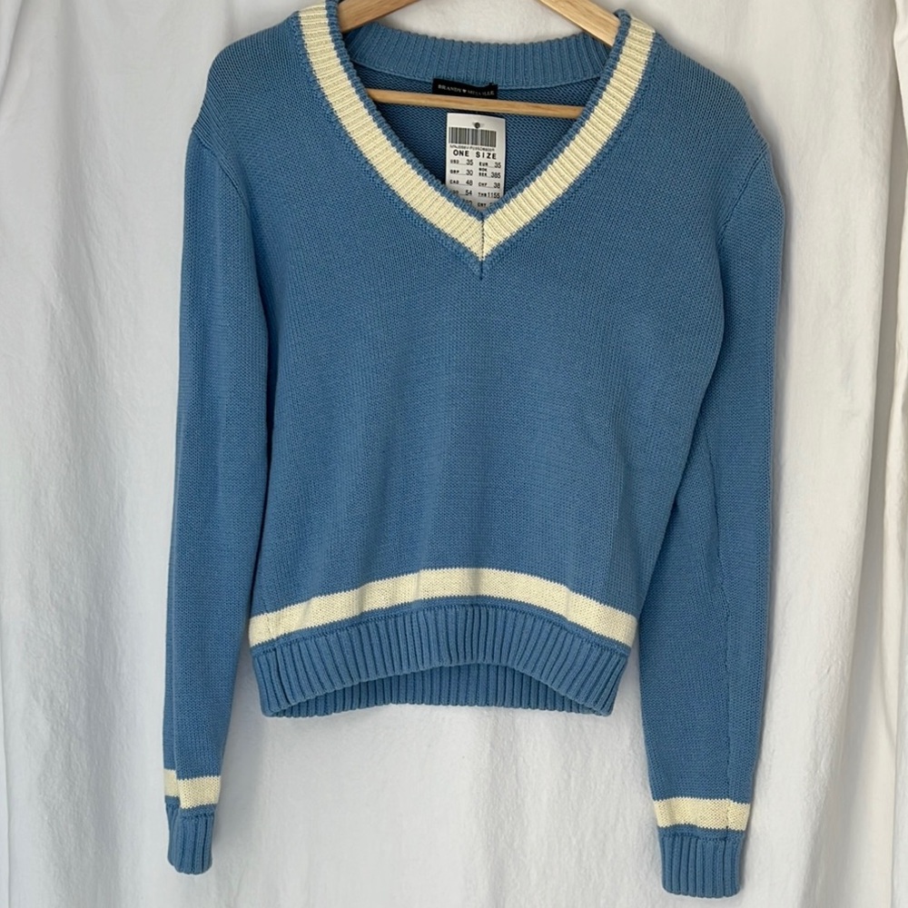 Brand New Brandy Melville -Blue V-Neck Sweater with Cream Accents